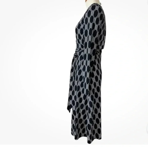 Navy Blue White Chain Link True Wrap Dress Small Timeless Classic Party Career - Picture 4 of 13